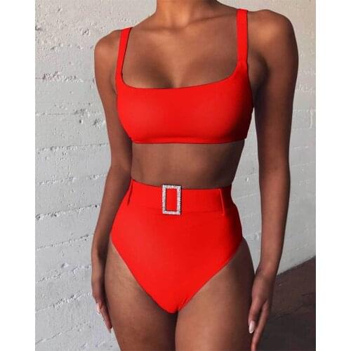 Crystal Belted Swimsuit Two Piece Swimwear High Waisted Bikini Set 2020 New Summer Solid Midkini Push Up Bathing Suits Lady
