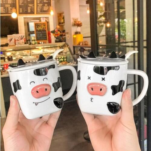 Super cute cow ceramics Mug with spoon lid,Porcelain mugs,Flower Tea Set Coffee Cup,Water Milk Coffee Drinkware Gift