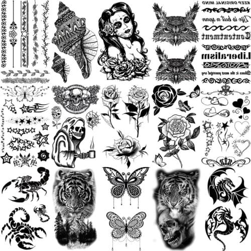 Black Rose Henna Flower Skull Butterfly Temporary Tattoos For Women Men Tiger Scorpion Tatoos Dragon Thorns Fake Tattoo Small
