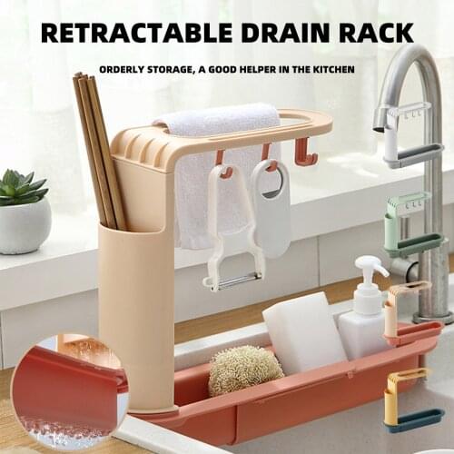 Telescopic Sink Rack Holder 4 Hook Adjustment Shelf Expandable Storage Drain Basket For Home Kit Kitchen Accessorie