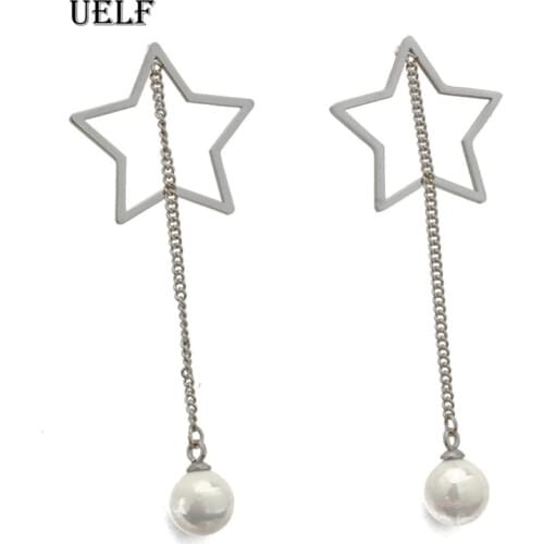 Uelf New Silver Color Star Long Tassel Earrings for Women Bridal Drop Pearl Dangling Earrings Brincos Wedding Jewelry