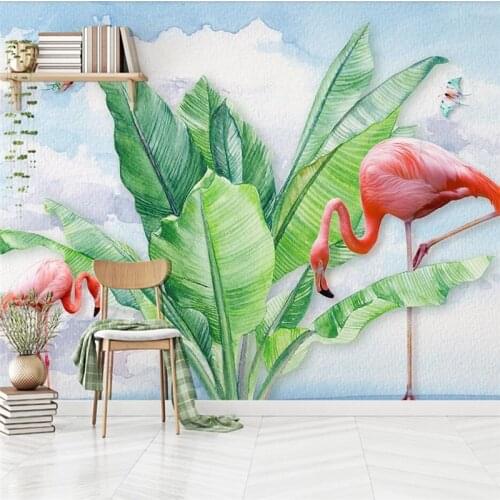 Wellyu Modern minimalist hand-painted tropical plants flamingo butterfly TV background wall custom large mural wallpaper