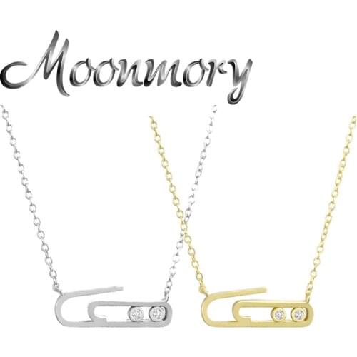 Moonmory 925 Sterling Silver Double Zircon Safety Pin Link Necklace For Women Fine Satement CZ Paper Clip Dangle Collar Jewelry