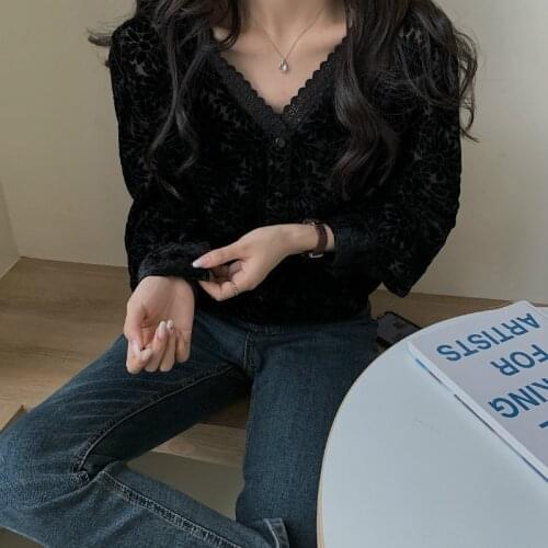 Women Spring Sexy V Neck Lace Floral Hollow Out Elegant Blouse Single Breasted Long Sleeve Casual Shirt Cardigan Tops