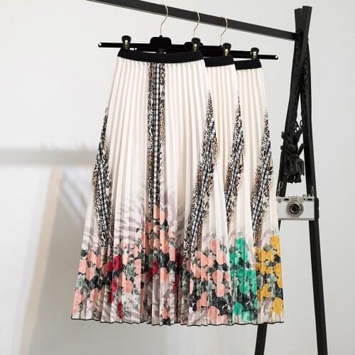 2021 Skirt Womens Pleated Skirt Digital Print Pleated Large Swing Skirt Fashion Leopard Print Flowers Vintage Midi Skirt