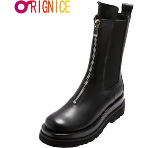 Orignice New Ankle Motorcycle Boots Women Platform Thick Bottom Round Toe Genuine Leather Zipper Black All Match Handsome Shoes