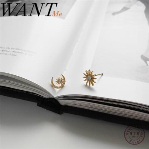 WANTME Real 925 Sterling Silver Korean Round Zircon Small Light Stars Moon Stud Earrings for Fashion Women Party Jewelry Gift