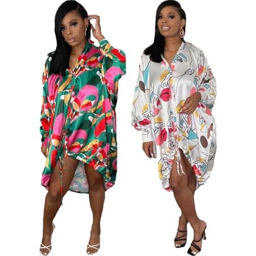 Women Long Sleeve Satin Shirt Dress Casual Button Up Drawstring Long Dresses Fashion Printed Ladies Robe Fall Spring Clothes
