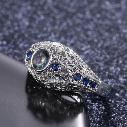 Popular Silver Color Hollow Inlaid Blue Colorful Crystal Rhinestone Zircon Female Copper Ring for Women Jewelry Accessories