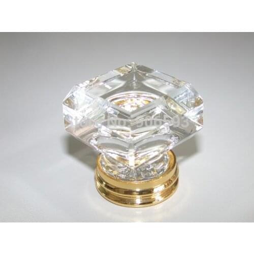 10PCS/LOT FREE SHIPPING 33MM CLEAR SQUARE CRYSTAL KNOBS ON GOLD BRASS BASE