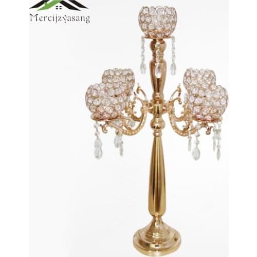 10PCS/LOT Metal Gold Candle Holders 73cm 5-Arms With Crystals Stand Pillar Candlestick For Wedding Portavelas Candelabra 01803