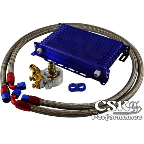 13 Row Engine Trust Oil Cooler w/ Thermostat 80 Deg / 170 F Oil Filter Adapter Kit Blue/ Black