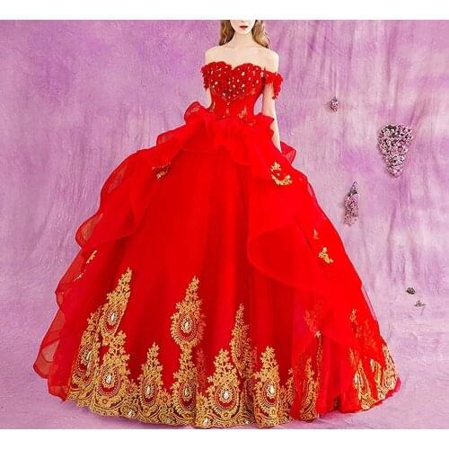 2020 New Chinese Style One Shoulder Flower Decoration Bridal Wedding Dress Lace Applique Lace Up Ball Gown Wedding Dress