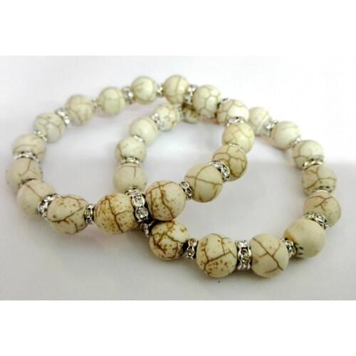 6pcs New Fashion Classic Stone Howlite Bracelet 10mm Round Beads with 8mm Clear Rhinestone Whell for Birthday Gift Charm