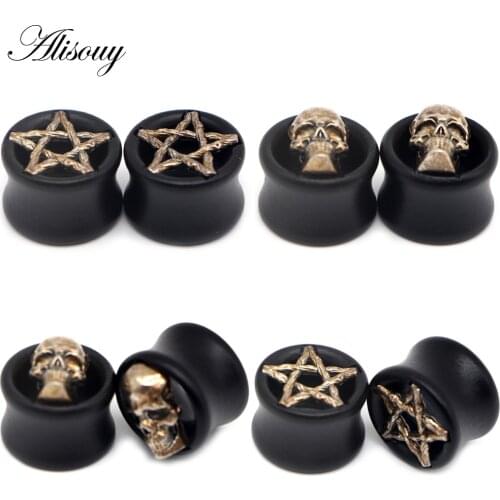 Alisouy 2PCS Black Wood Ear Plug Flesh Tunnels Skull Star Shape Body Piercing Jewelry Gauge Stretcher Expander Jewelry