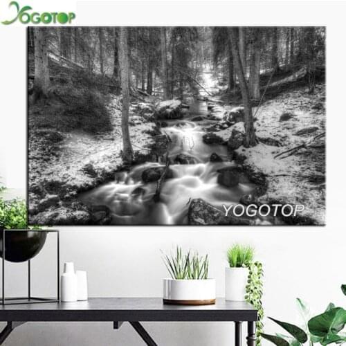 DIY 5D Diamond Embroidery White And Black Waterfall Forest Landscape Full Drill Diamond Painting Mosaic Home Decoration YY2566