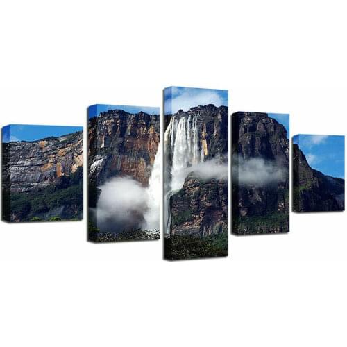 Angel Waterfall Venezuela 5 Panel Canvas Picture Print Wall Art Canvas Painting Wall Decor for Living Room Poster No Framed