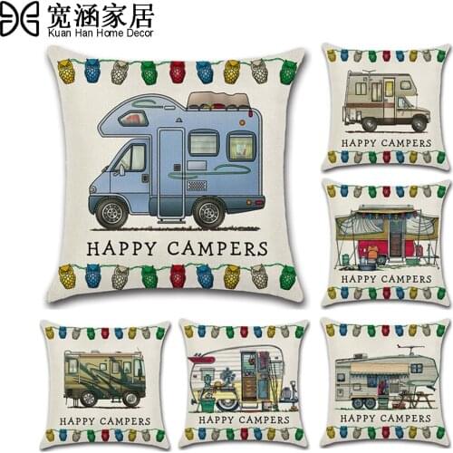 Happy Campers Pillowcase 45*45cm Invisible Zippered Cushion Cover Cotton Linen Cartoon Pillow Case Decorative Throw Pillow Cover