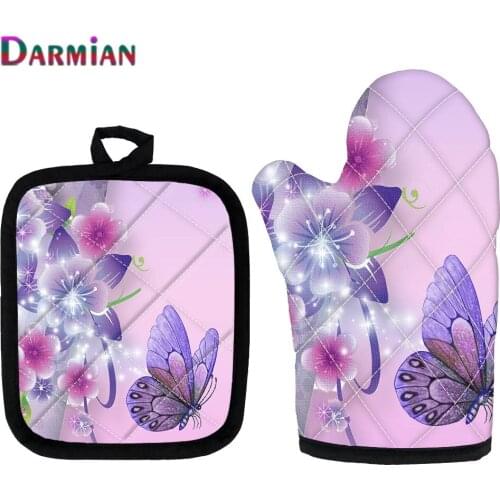 DARMIAN Beautiful Butterfly Pattern Heat Resistant Microwave Oven Glove Non-slip Insulated Pot Pad Kitchen Tool Mitten Set of 2