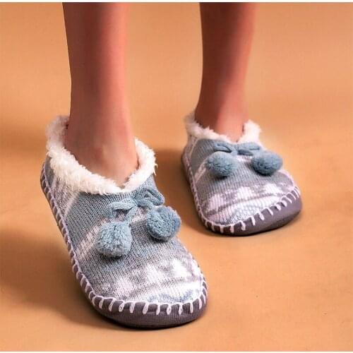 Osefu Cheap Knitting bow pom pom slippers Women house slippers Winter Warm Plush Lovely Slippers for Home Non-slip Indoor Shoes