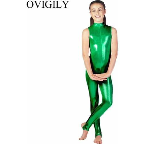 OVIGILY Girls Stretchy Metallic Sleeveless Dance Unitards Stirrups Kids Team Wear Shiny Mock Neck Unitard Bodysuit Catsuit Zip