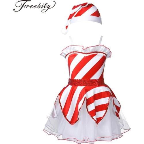 Children Girls Christmas Dress Dancewear Sleeveless Sequined Striped Mesh Tutu Princess Party Dress with Xmas Hat New Year Kids
