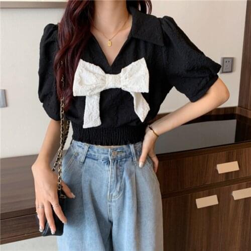 Girlish Style V-neck Bow Women Blouse Vintage Lapel Bubble Sleeve Summer Short Top Female Elegant Black Blouses Tops