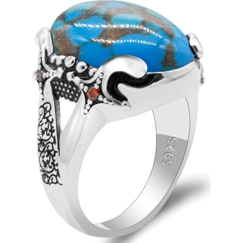 Natural Turquoise Stone Pure 925 Sterling Silver Ring For Men Printing Claw Lines Signet Ring Vintage Party Ring Fine Jewelry