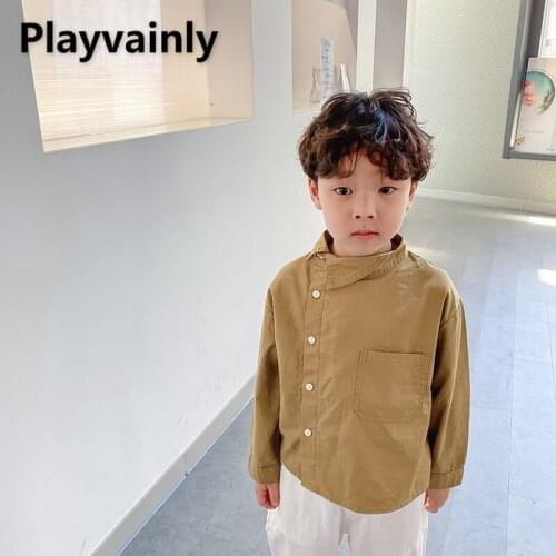 2021 Korean Style New Autumn Kids Boys Girls Shirts Beige Khaki Irregular Neckline Blouse Casual Tops Children Clothes 1-6Y E530