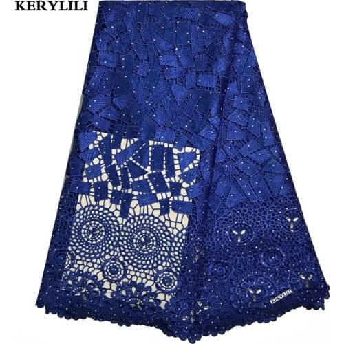 Royal Blue Nigerian Lace Fabric Wholesale High Quality African Cord Lace Embroidery Guipure With Rhinestones Wedding KRL-80034