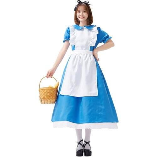 Umorden Wonderland Alice Costume Long Blue Dress for Adult Women Movie Film Maid Cosplay Outfit Halloween Party