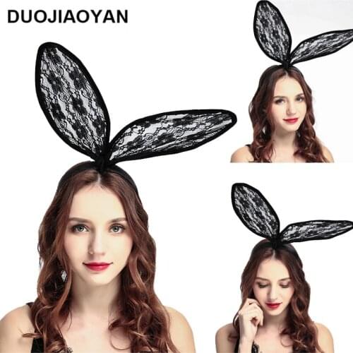 DUOJIAOYAN Lace Rabbit Bunny Ears Headband Fashion Women Hairband Girls Hair Hoop Halloween Party Headwear Sexy Hair Accessories