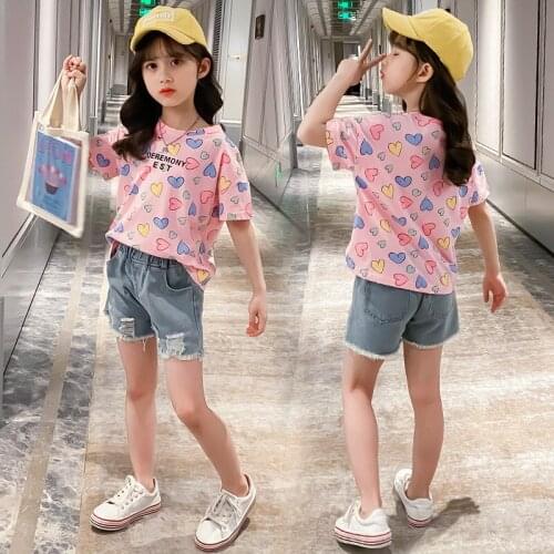 Summer Girls Clothes Lovely Heart Pink T-shirt Denim Shorts Children Clothing Set 2020 Fashion Toddler Costume Children Suits