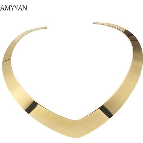 Hand-buffing Gold Color 316L Stainless Steel Statement Necklace Chunky Torques V Shape Clavicle Women Jewelry