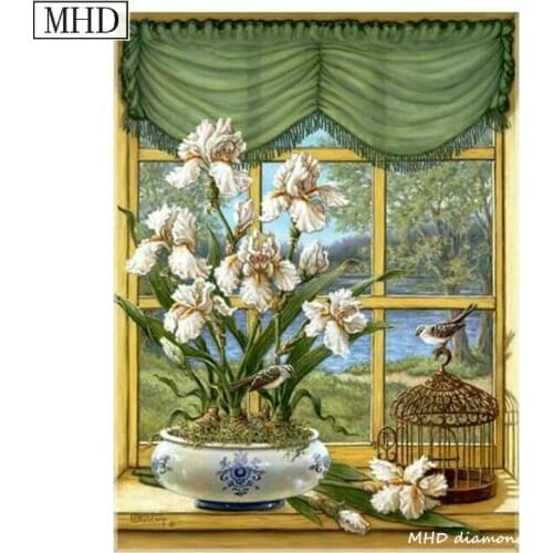 MHD window white flower decoration 5d diy diamond painting cross stitch full rhinestone mosaic home decoration kit 50x65cm