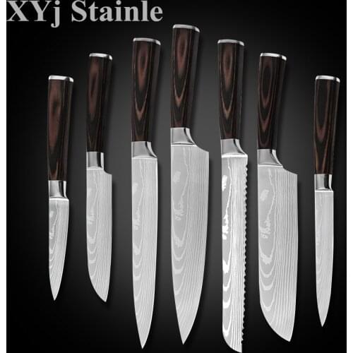 XYj Stainless Steel Chef Knife Set 8'' Bread Slicing 7'' Santoku 5'' Utility 3.5'' Paring Knife Cover Sheath Damascus Pattern