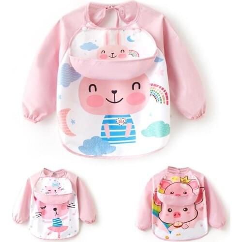 2020 Waterproof Cartoon Long Sleeve Baby Newborn Infant Feeding Bib Drawing Apron Feeding Bibs Baberos Bavoir Clothing