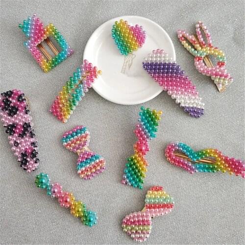 New 1Pc Rainbow Pearl Hair Pin Metal Gold Hairgrips Women Beads Hair Clip Snap Barrette Sticks Hair Pins Accessories for girl