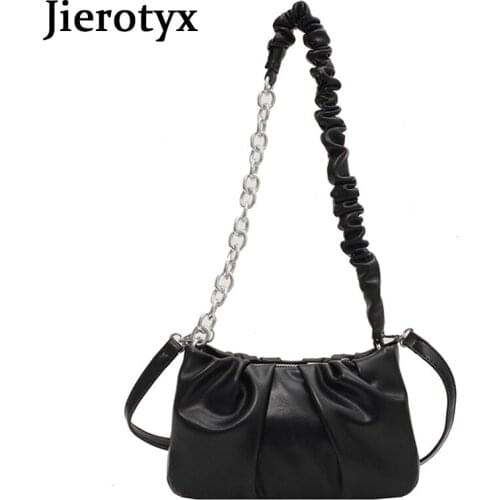 JIEROTYX 2021 New Arrivals Colors Women Ruched Shoulder Bag Metal Chains Design Fashion Mini Crossbody Messenger Bags For Ladies