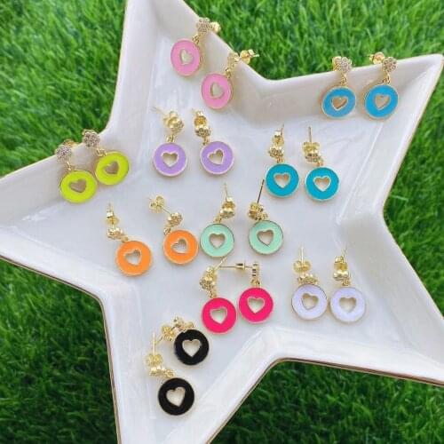 5 Pairs, Round Crystal Dangle Earrings Neon Colorful Jewelry Enamel Geometric Heart Rainbow Gold Color Earring
