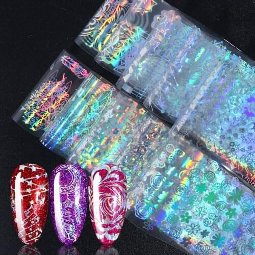 10pcs Nail Polish Sticker Transfer Foil Holographic Starry Sky Laser Slider Dazzling Nail Art Decals Full Wrap Manicure BE1040-1