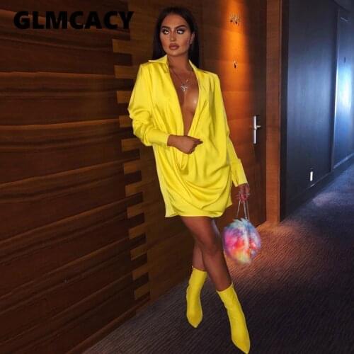 Sexy Low Cut V Neck Dress Women Yellow Long Sleeve Elegant Night Club Party Loose Dress Vestidos