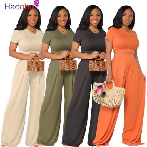 Sexy Two Piece Tracksuit Summer Clothes for Women O Neck Short Sleeve Crop Top and Wide Leg Pants Casual 2 Piece Matching Sets