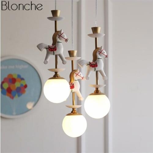 Nordic Horse Pendant Lights Led Modern Glass Ball Hanglamp Home Decor for Childrens Room Bedroom Stair Light Fixtures Luminaire