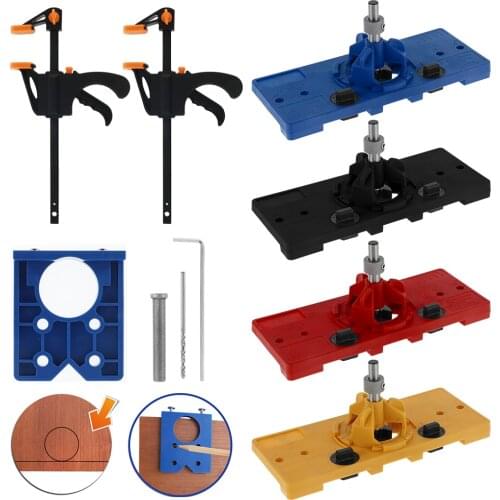 Concealed 35mm Hinge Positioning Drilling Boring Jig Drill Guide Locator + Hole Opener + Blue Positioner + 2Pcs 4 Inch F Clips