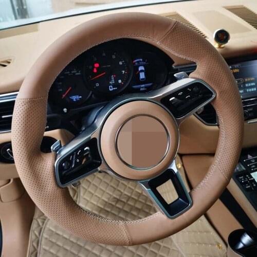 Hand-Stitched Brown Genuine Leather Car Steering Wheel Cover For Porsche Macan Cayenne 2015-2016
