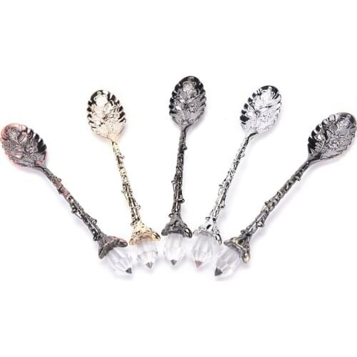 Vintage Carved Flower Crystal Coffee Teaspoon Alloy Dessert Snack Scoop Ice Cream Tea Sugar Cake Mini Spoons Tableware Wholesale