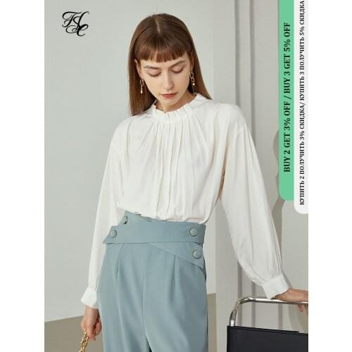 FANSILANEN 2021 Early Autumn Womens Tops Blouses Chiffon Shirt Women Stand-up Collar Pleated Design Skirt Ladies Tops