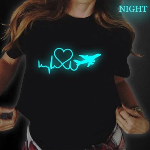 T-shirts Femme Hipster Luminous Summer Tops Harajuku Heartbeat Plane Love Print Korean Style Solid Women T Shirt Brand T Shirt