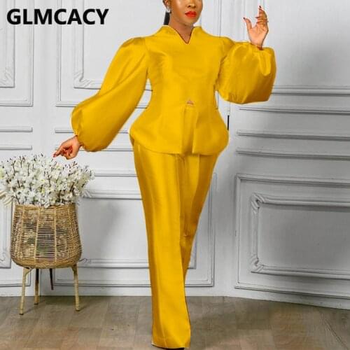 Women Two Piece Chic Satin Suits Lantern Sleeve Tops & Wide Leg Pants Set